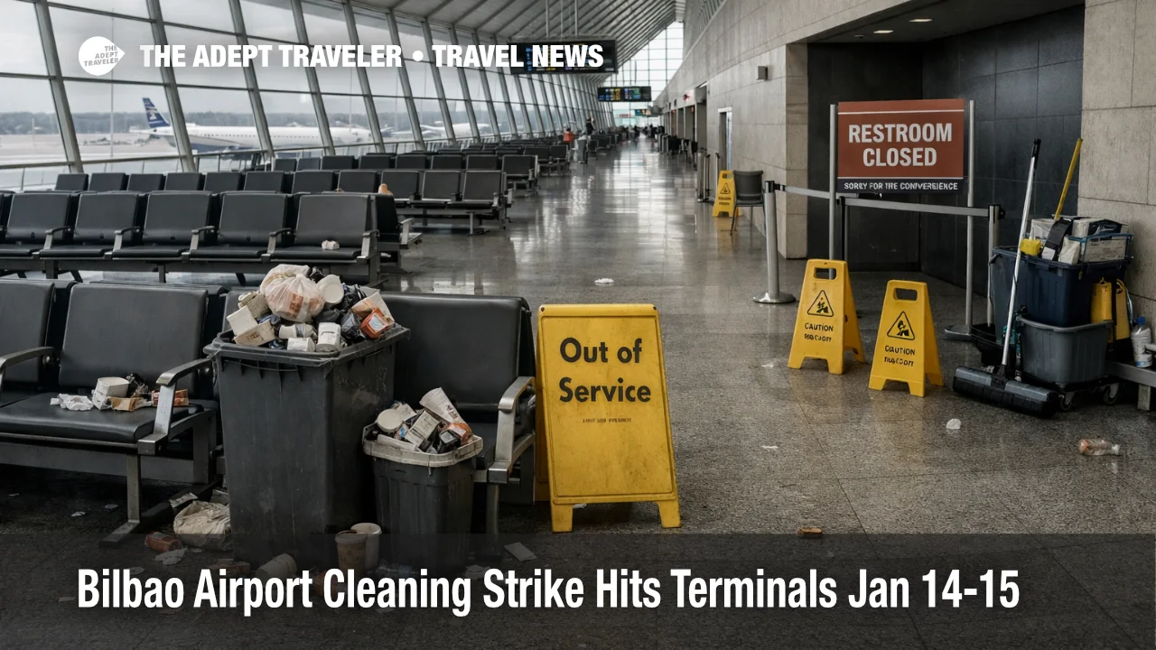 Bilbao Airport cleaning strike strains restrooms and terminal areas, prompting travelers to add buffer time and pack supplies