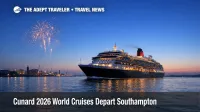 Cunard 2026 world cruises depart Southampton at dusk as Queen Anne and Queen Mary 2 sail out under fireworks