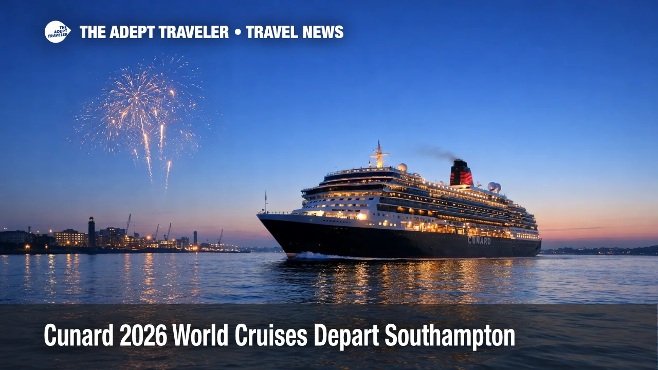 Cunard 2026 world cruises depart Southampton at dusk as Queen Anne and Queen Mary 2 sail out under fireworks