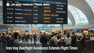 Departures board at Dubai International shows Iran Iraq airspace avoidance reroutes causing longer flight times