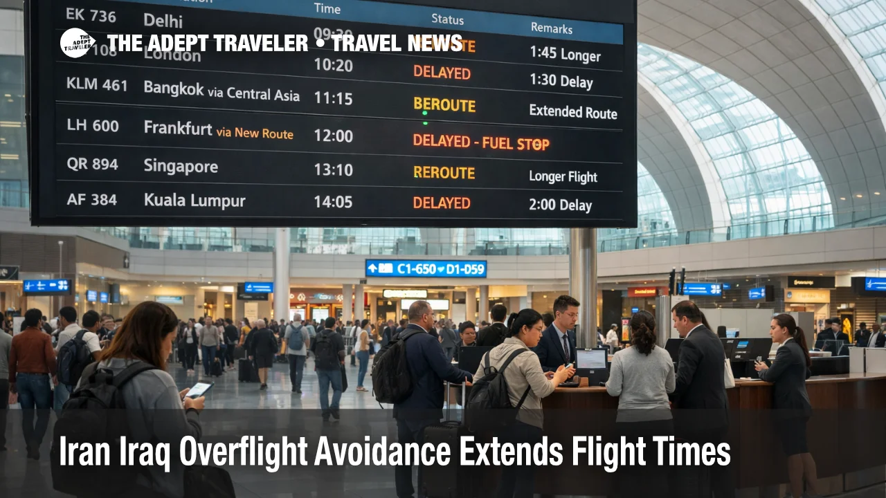 Departures board at Dubai International shows Iran Iraq airspace avoidance reroutes causing longer flight times