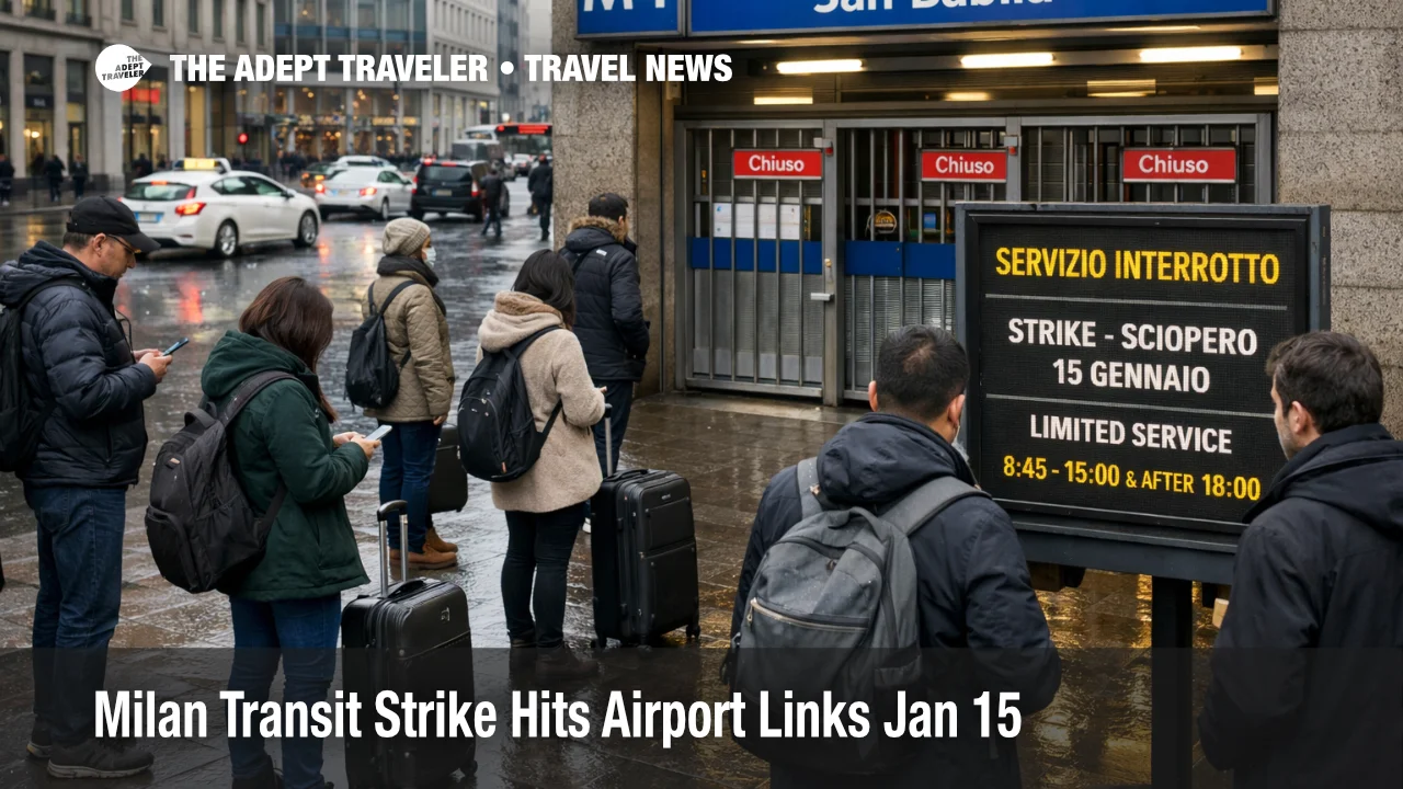 Milan transit strike airport links, travelers wait at San Babila as M4 gaps threaten Linate transfers