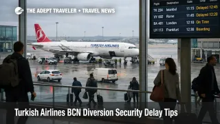 Turkish Airlines BCN diversion, an A321 waits at Barcelona El Prat as boards show delays and inspections