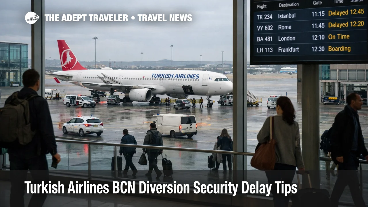 Turkish Airlines BCN diversion, an A321 waits at Barcelona El Prat as boards show delays and inspections
