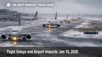 January 15 US flight delays as jets queue in gusty winds and low clouds at a major hub, signaling higher misconnect risk