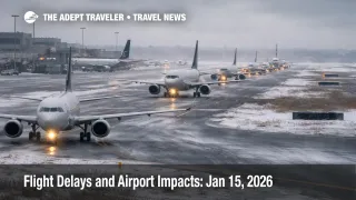 January 15 US flight delays as jets queue in gusty winds and low clouds at a major hub, signaling higher misconnect risk