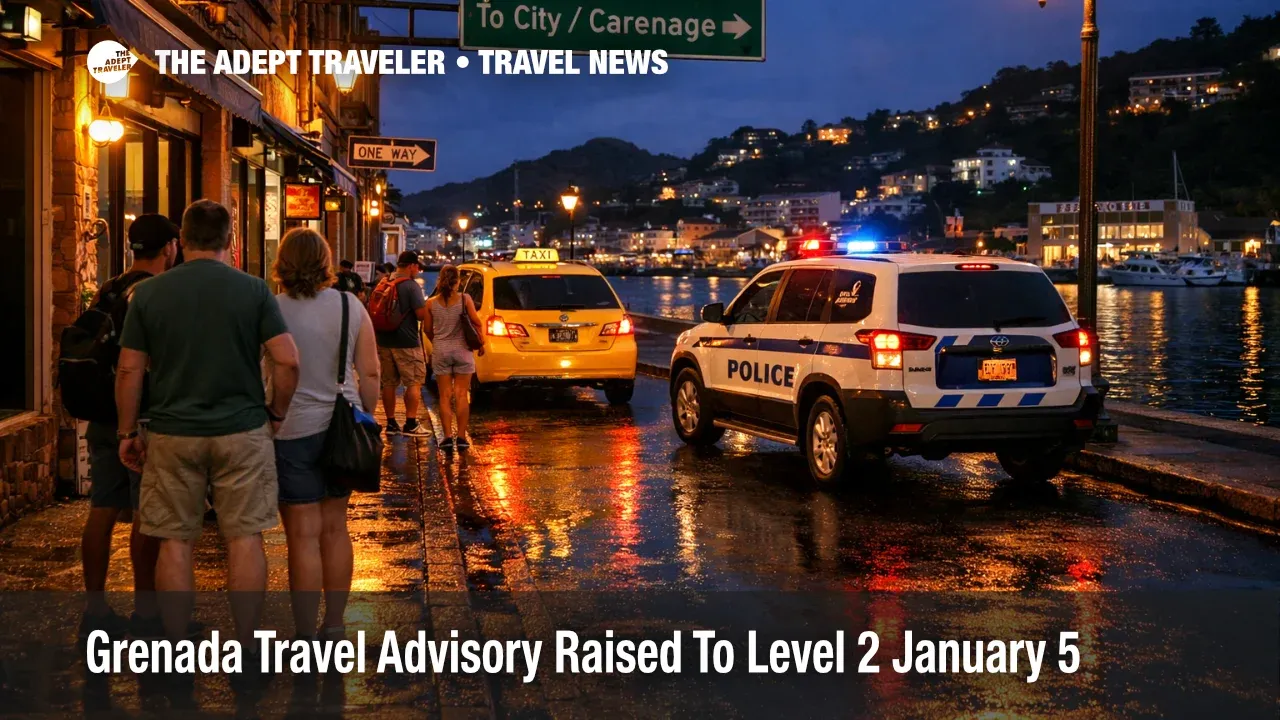 Grenada travel advisory Level 2 as tourists use taxis at dusk on St George's waterfront near police patrol
