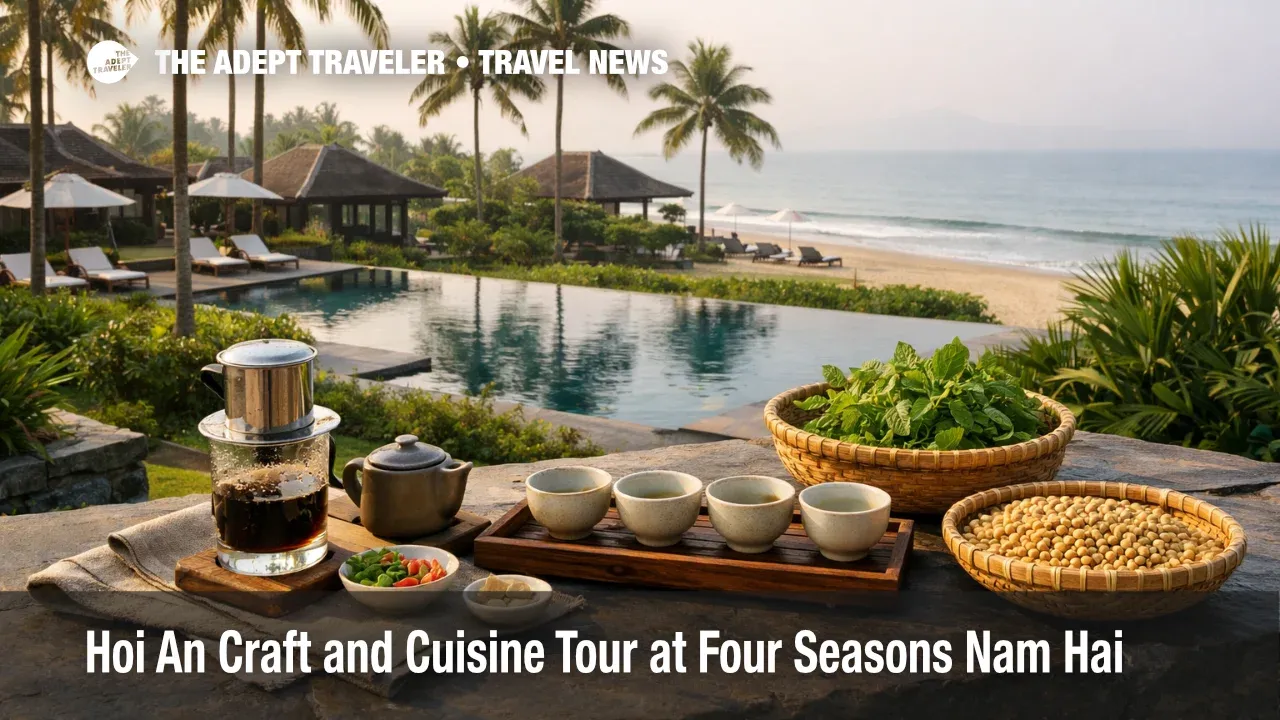 Hoi An craft cuisine tour setting at Four Seasons The Nam Hai, with coffee phin and tasting cups ready for the day