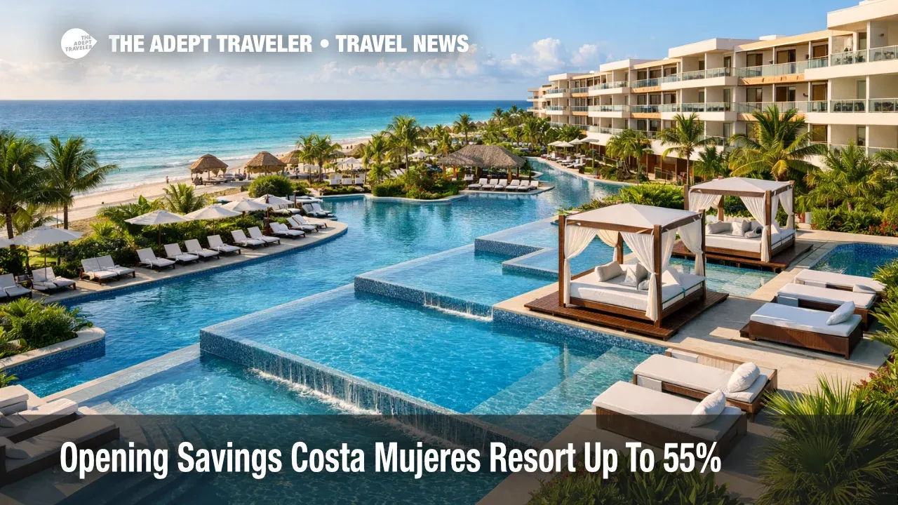 Majestic Mirage Costa Mujeres opening savings, pools and beachfront resort view, helping travelers compare 2026 deals