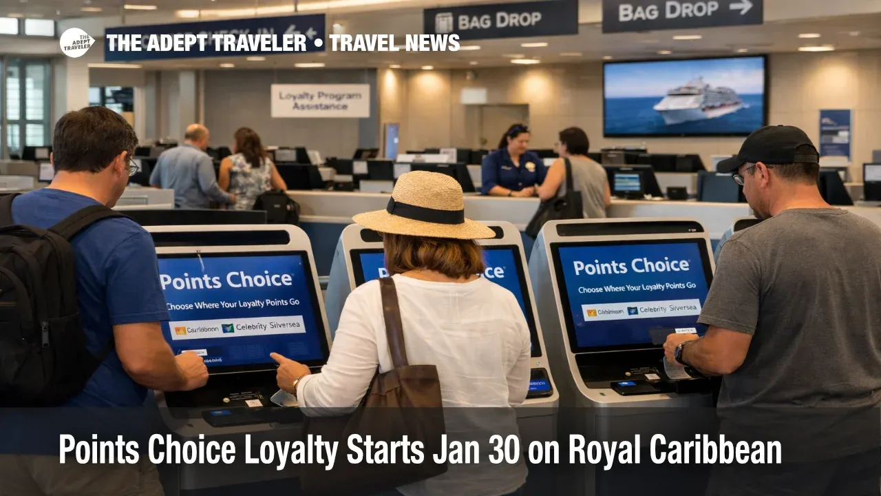 Royal Caribbean Points Choice signage at cruise terminal kiosks as guests decide where earned loyalty points apply