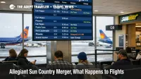 Allegiant Sun Country merger flights shown on an MSP departures board as travelers watch for booking and schedule changes