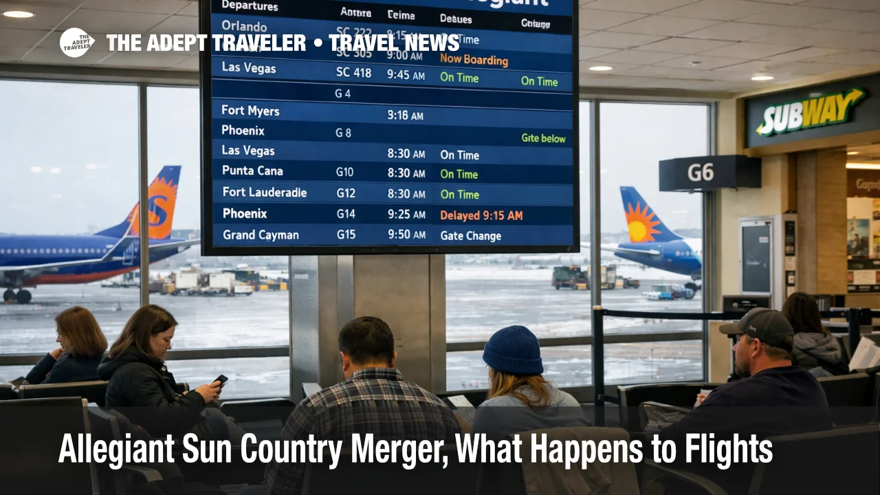Allegiant Sun Country merger flights shown on an MSP departures board as travelers watch for booking and schedule changes
