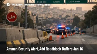 Amman security alert roadblocks slow airport transfers, a checkpoint narrows lanes toward Queen Alia International Airport