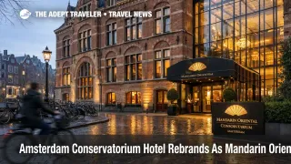 Mandarin Oriental Conservatorium Amsterdam rebrand, winter exterior in Museum Quarter as travelers check stay plans