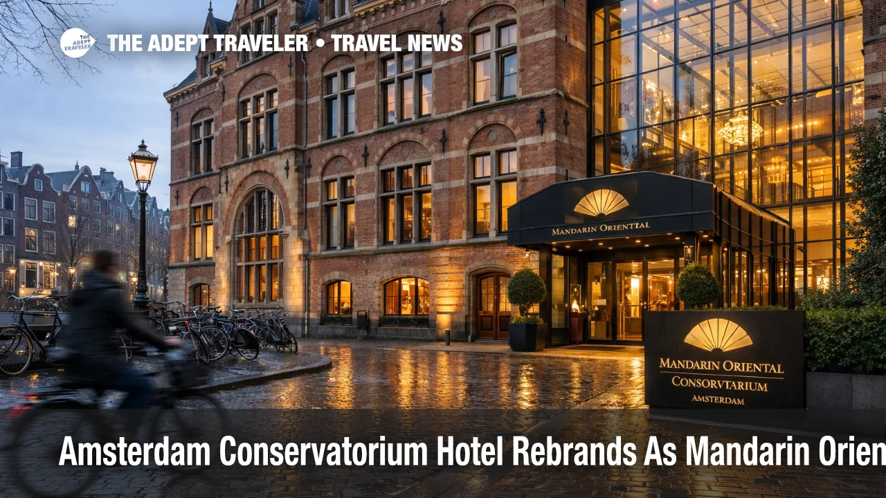 Mandarin Oriental Conservatorium Amsterdam rebrand, winter exterior in Museum Quarter as travelers check stay plans