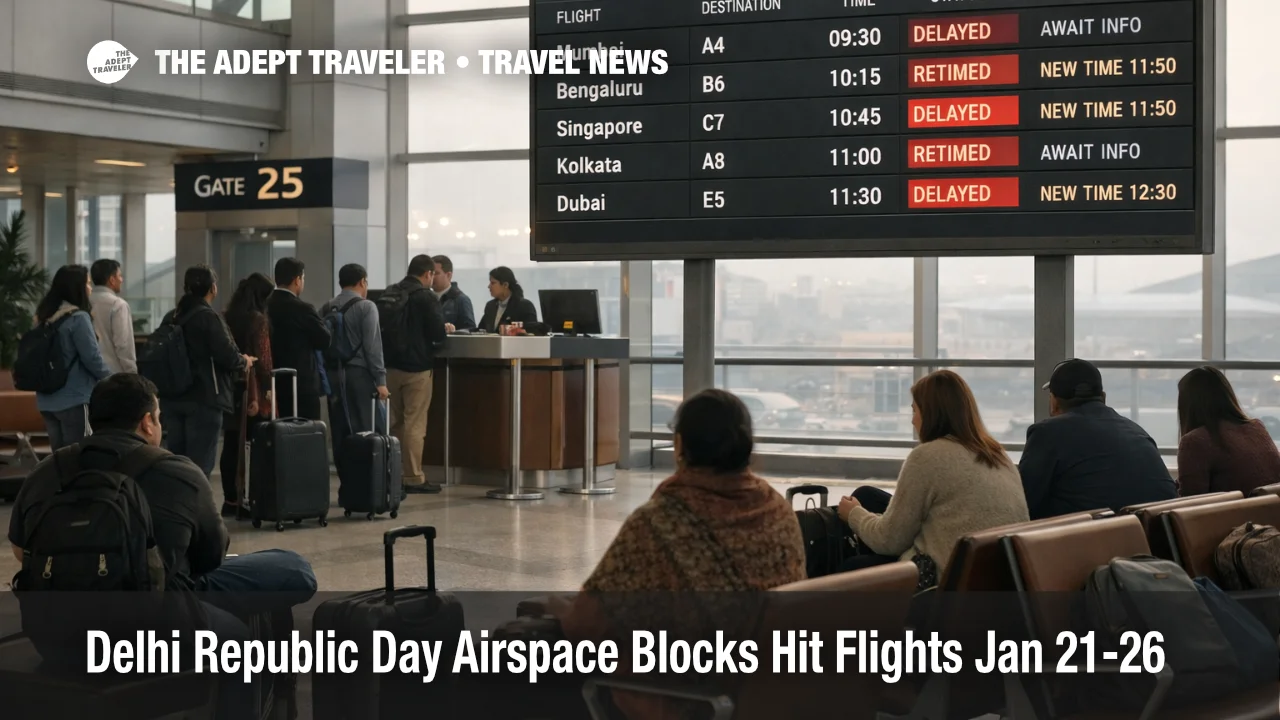 Delhi Republic Day airspace delays show on a departures board at Delhi IGI as travelers wait through retimed flights