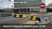 Closed gates at U.S. Embassy Havana as Havana embassy visa shutdown delays January 16 visa interviews and pickup