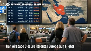 Iran airspace closure reroutes shown on Dubai departures board, signaling longer flights and missed connections