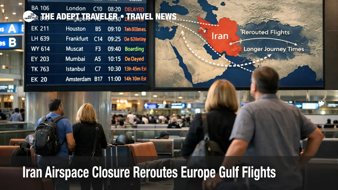Iran airspace closure reroutes shown on Dubai departures board, signaling longer flights and missed connections