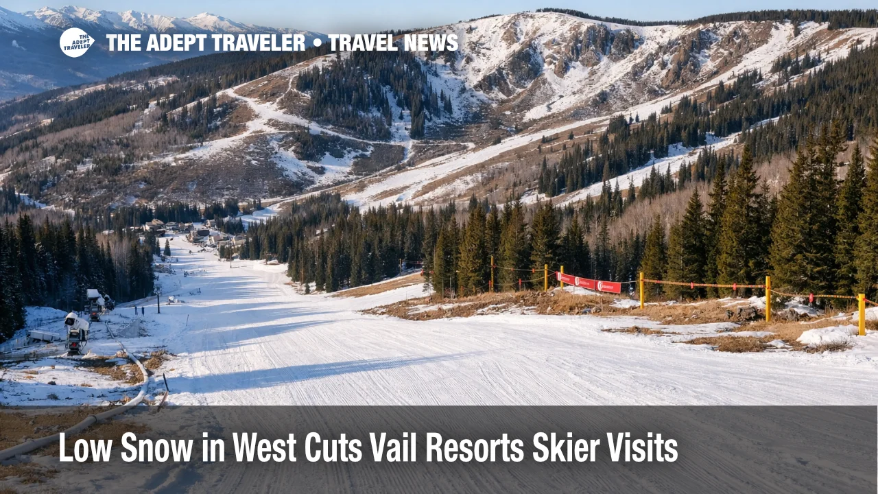 Low snow at Vail Mountain shows limited terrain, reflecting Vail Resorts skier visits down 20% early season