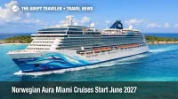 Norwegian Aura Miami cruises, a Norwegian ship sails near Great Stirrup Cay as 2027 launch season bookings open