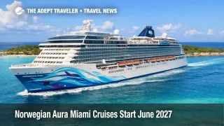 Norwegian Aura Miami cruises, a Norwegian ship sails near Great Stirrup Cay as 2027 launch season bookings open