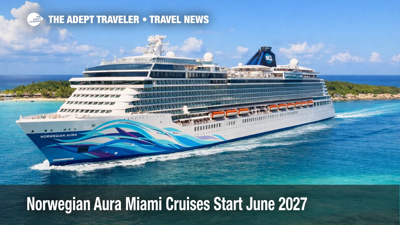 Norwegian Aura Miami cruises, a Norwegian ship sails near Great Stirrup Cay as 2027 launch season bookings open