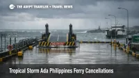 Tropical Storm Ada Philippines ferries halted at a wet Matnog pier, with rough seas beyond the closed ramp