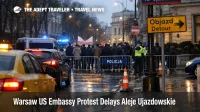 Warsaw US Embassy protest cordon slows Aleje Ujazdowskie traffic, raising transfer risk for Chopin Airport runs