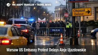 Warsaw US Embassy protest cordon slows Aleje Ujazdowskie traffic, raising transfer risk for Chopin Airport runs