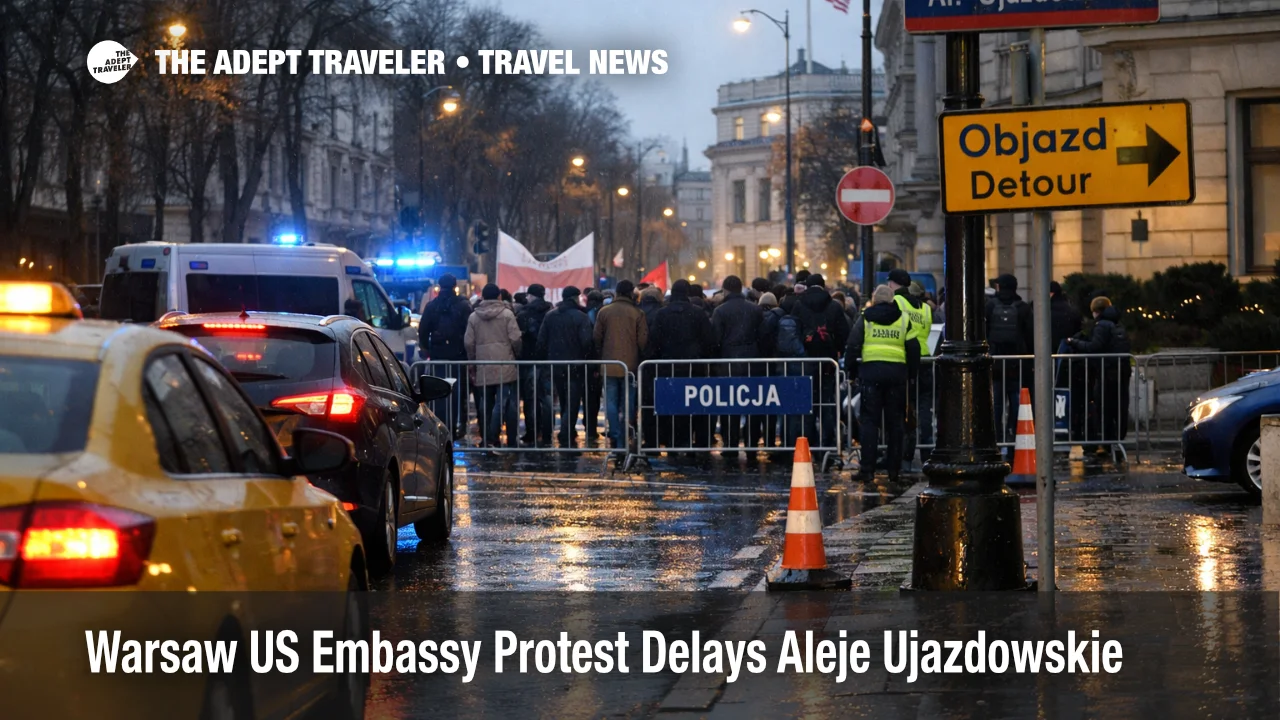 Warsaw US Embassy protest cordon slows Aleje Ujazdowskie traffic, raising transfer risk for Chopin Airport runs