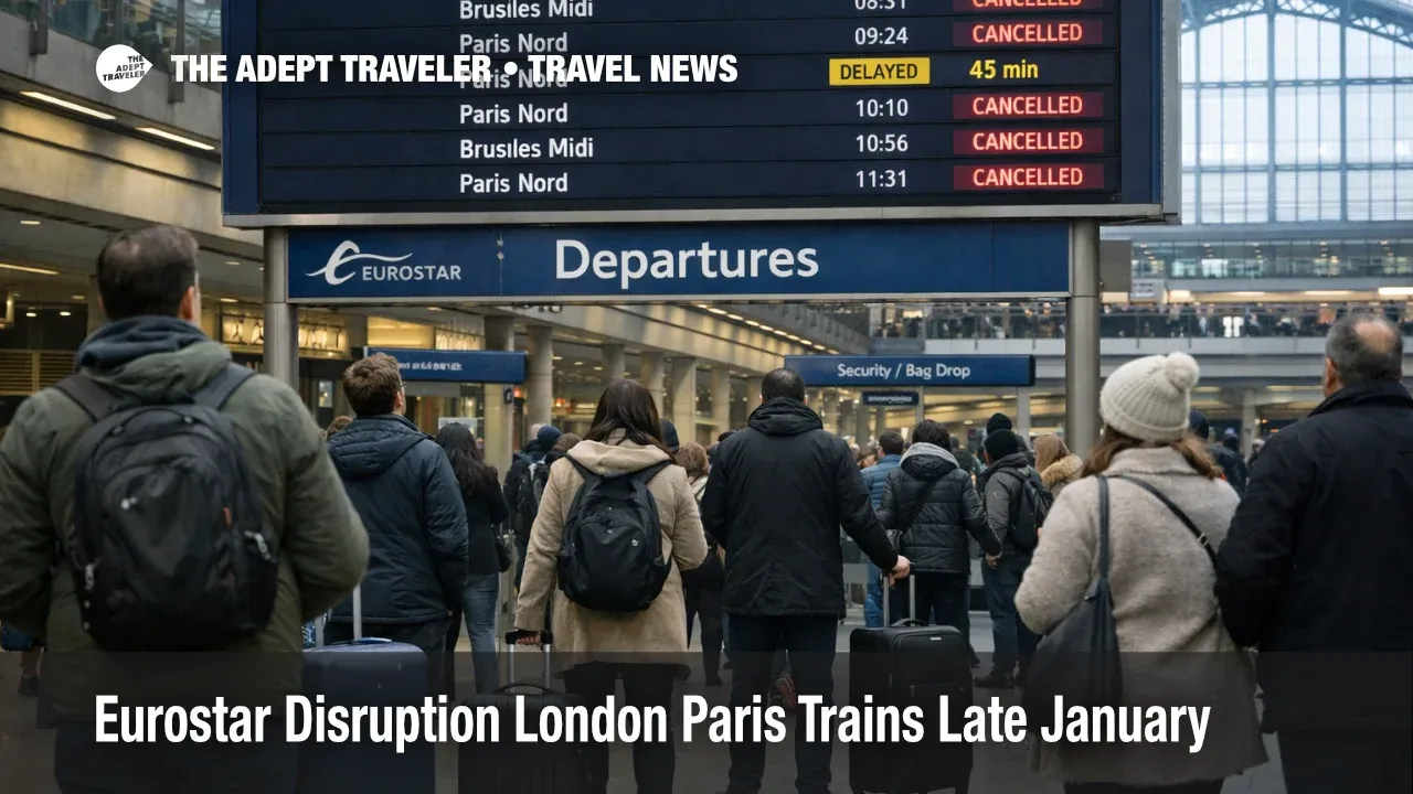 Eurostar cancellations January 2026, departures board at St Pancras shows cancelled London Paris trains