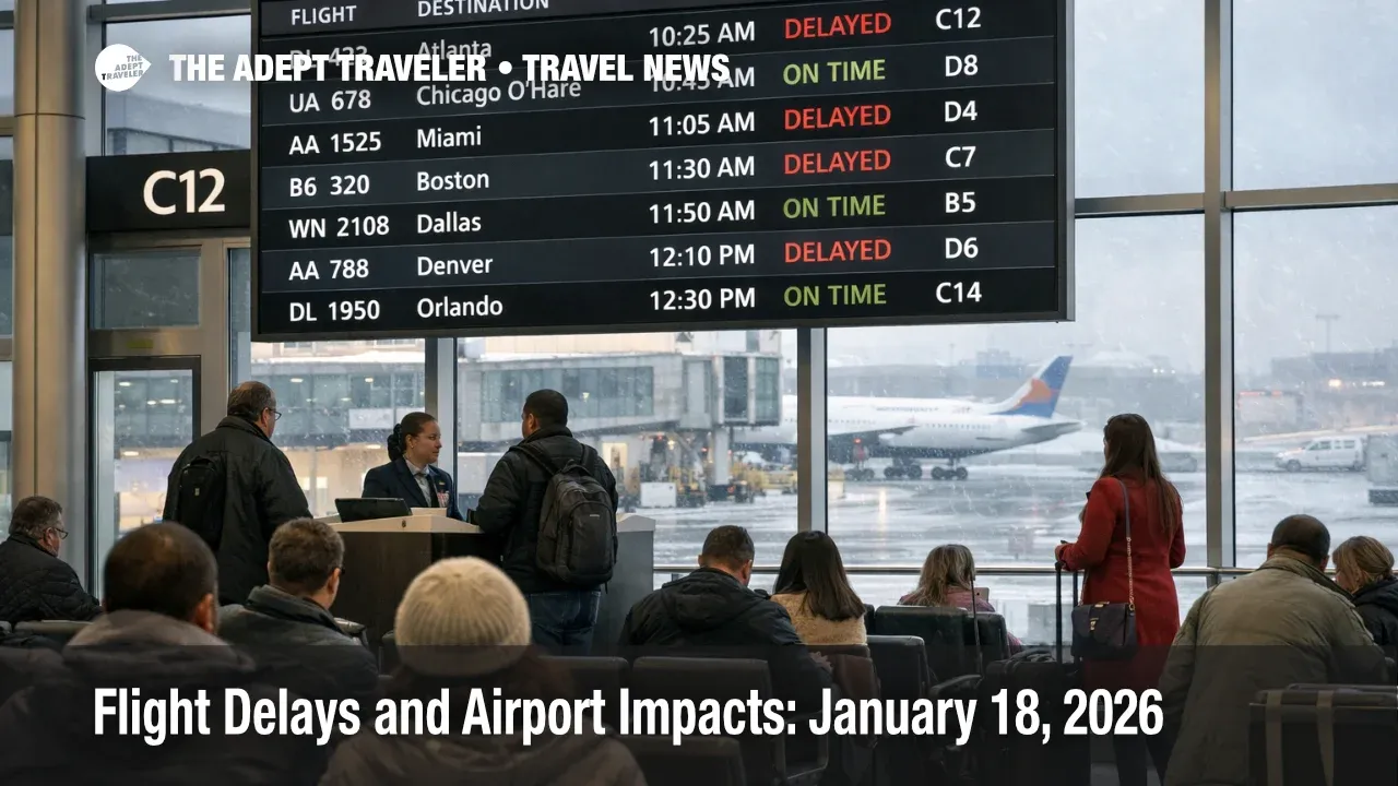 US flight delays January 18 shown by La Guardia concourse board with delayed flights and travelers waiting near gates
