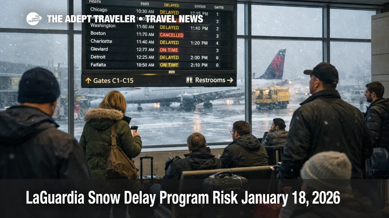 LaGuardia snow delay program risk as travelers scan a departures board during Northeast snow disruptions