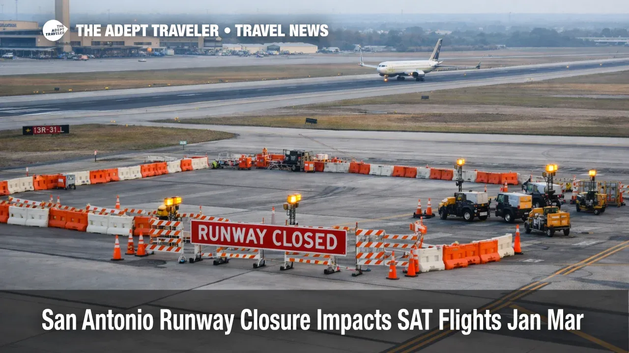 San Antonio runway closure at SAT shows a closed runway area and single runway operations that can slow departures