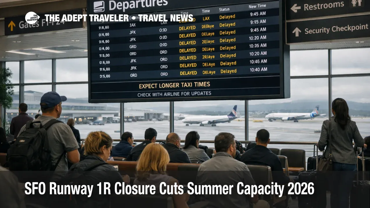 SFO Runway 1R closure shown by a departures board with delays inside San Francisco International Airport