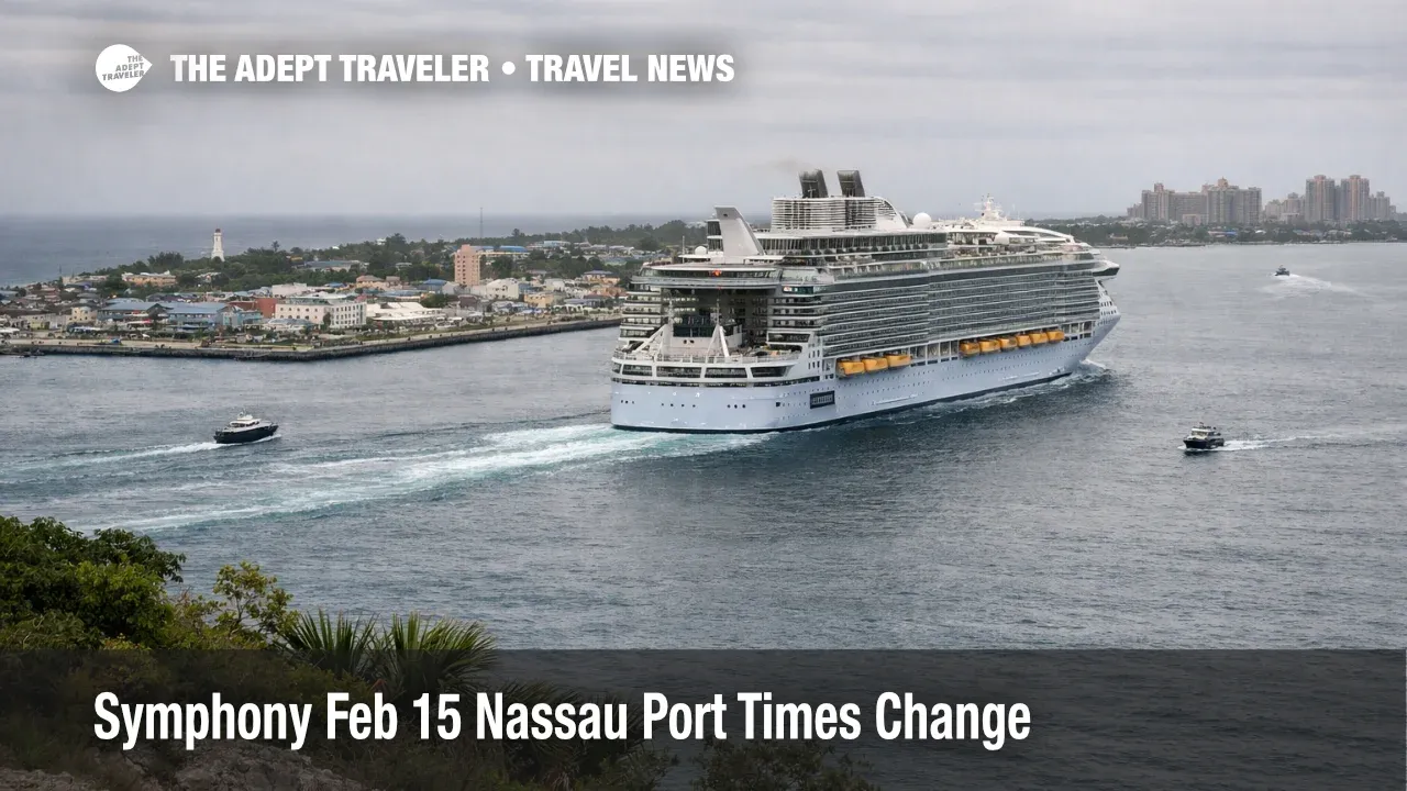 Symphony Feb 15 Nassau timing shift shown by cruise ship departing Nassau early under overcast skies near the harbor