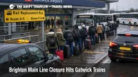 Brighton Main Line closure Gatwick sends travelers to rail replacement buses outside Gatwick Airport station