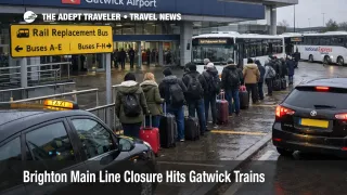 Brighton Main Line closure Gatwick sends travelers to rail replacement buses outside Gatwick Airport station