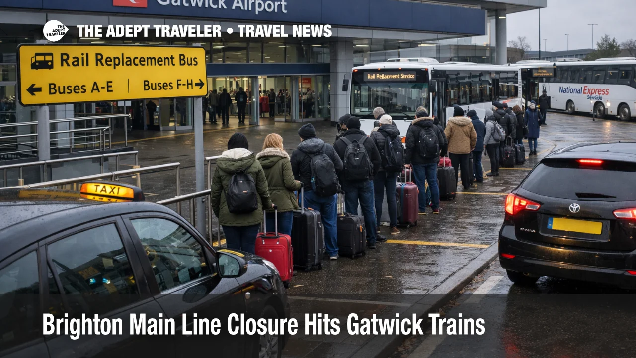 Brighton Main Line closure Gatwick sends travelers to rail replacement buses outside Gatwick Airport station