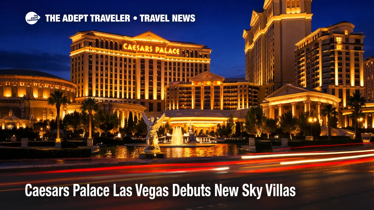 Caesars Palace Las Vegas villas debut, exterior night view helps travelers gauge new Sky Villa stay options and demand