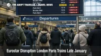 Eurostar cancellations January 2026, departures board at St Pancras shows cancelled London Paris trains