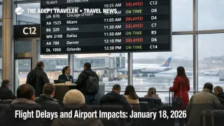 US flight delays January 18 shown by La Guardia concourse board with delayed flights and travelers waiting near gates