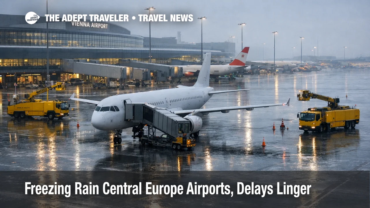 Freezing rain Central Europe airports delays, an icy Vienna apron with de icing gear and halted aircraft operations