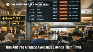 Iran Iraq airspace avoidance shown on Doha departures board, signaling longer flights and tighter connections