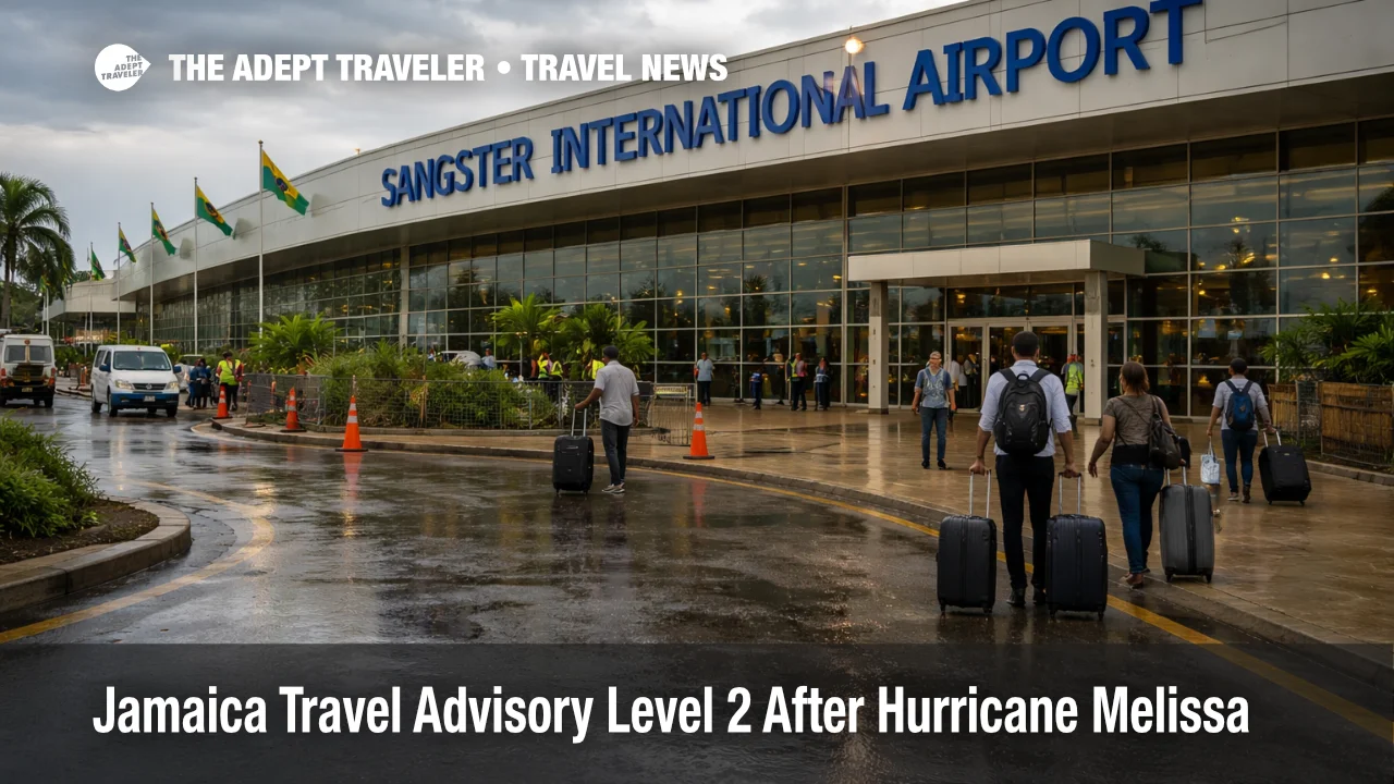 Jamaica travel advisory level 2 after Hurricane Melissa, travelers arrive at Sangster Airport under overcast skies