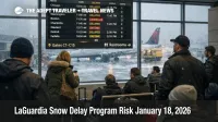 LaGuardia snow delay program risk as travelers scan a departures board during Northeast snow disruptions