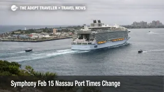 Symphony Feb 15 Nassau timing shift shown by cruise ship departing Nassau early under overcast skies near the harbor