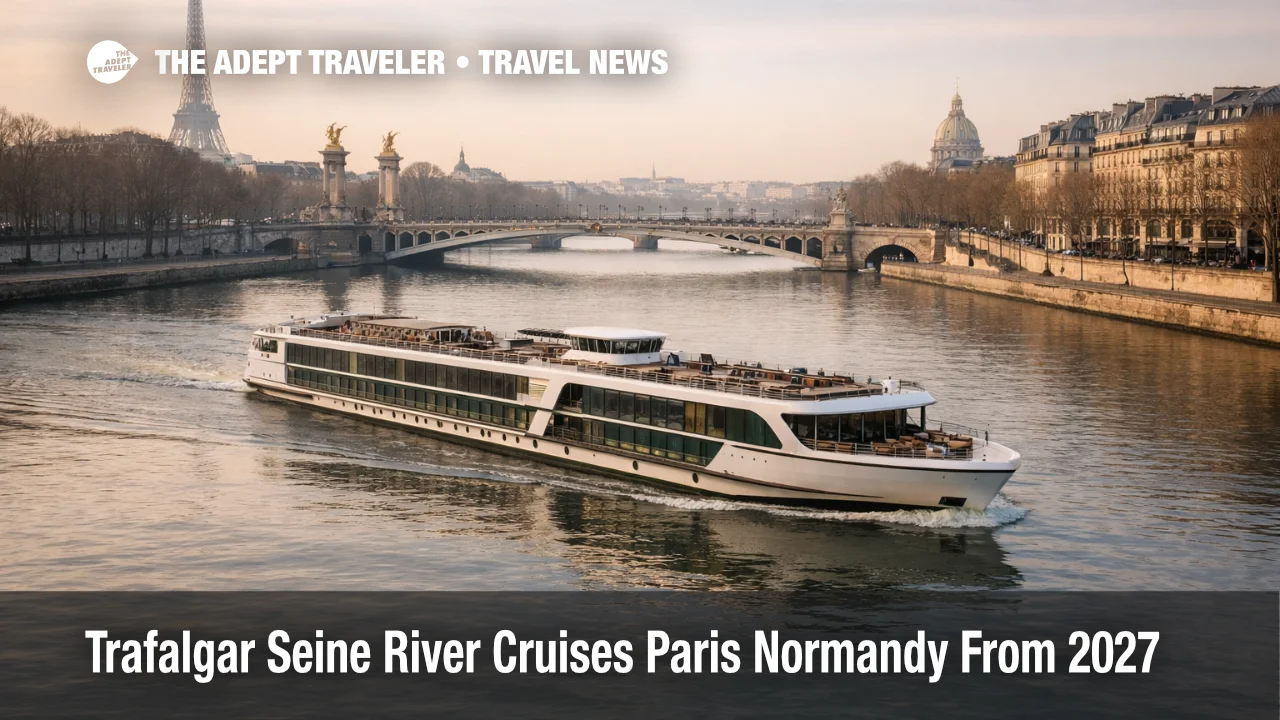Trafalgar Seine river cruises show a river ship near Paris as travelers plan Normandy stops and 2027 sailing dates