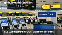 UK ETA enforcement February 2026 shown at Heathrow check in kiosks where missing approval can trigger denied boarding